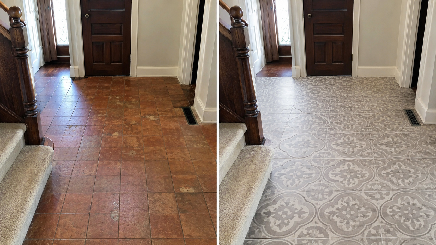 Avant/après : pose carrelage motif entrée