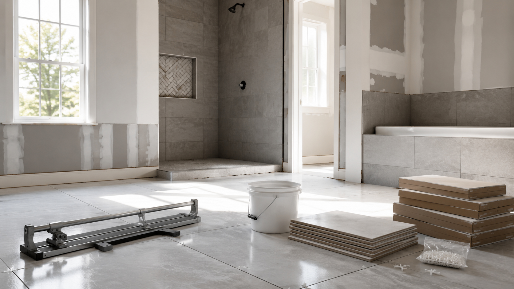 Chantier salle de bain en cours de carrelage